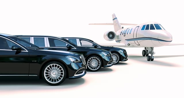 crown limos melbourne chauffeur cars fleet, parked next to a private jet