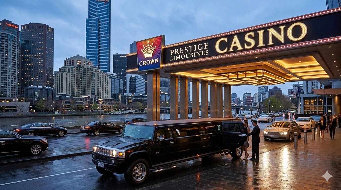 Black limousine outside a casino.
