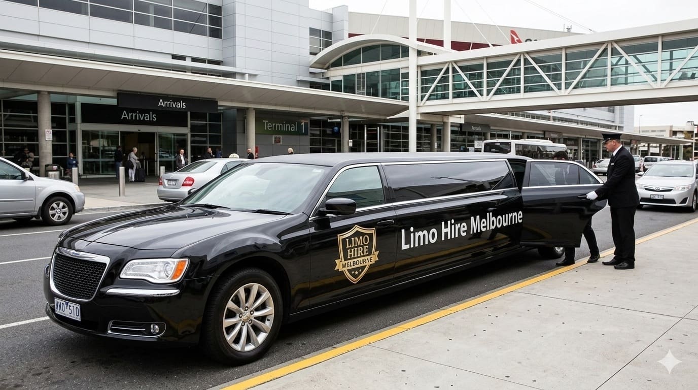 Black stretch limousine at airport terminal