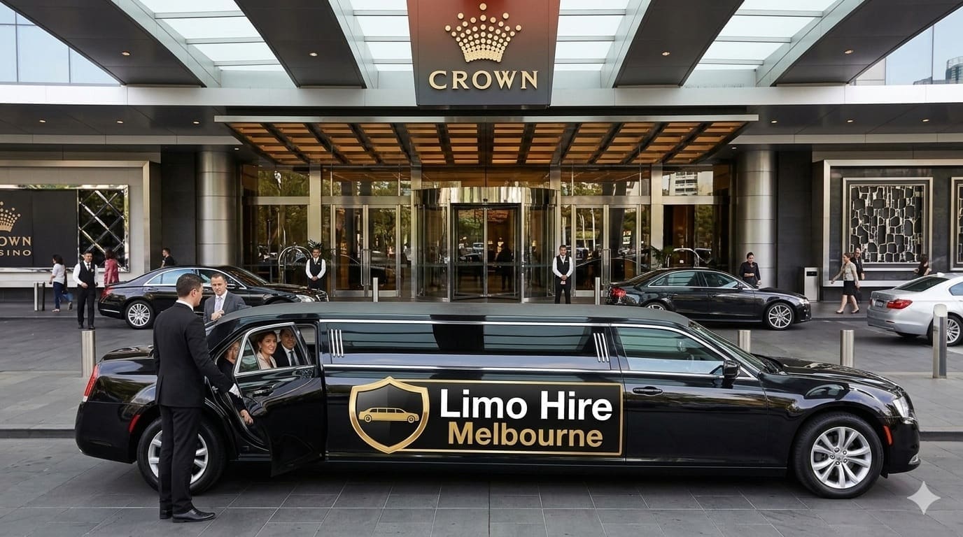 Black limousine outside a luxury hotel.